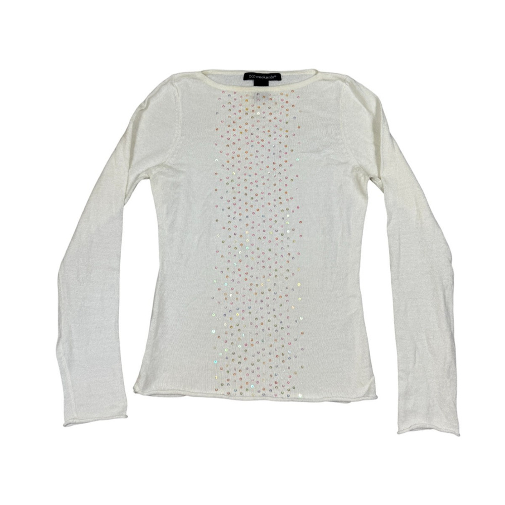Y2K 52 Weekends Womens Size S White Sequin Long Sleeve Light Sweater Top *Flaws